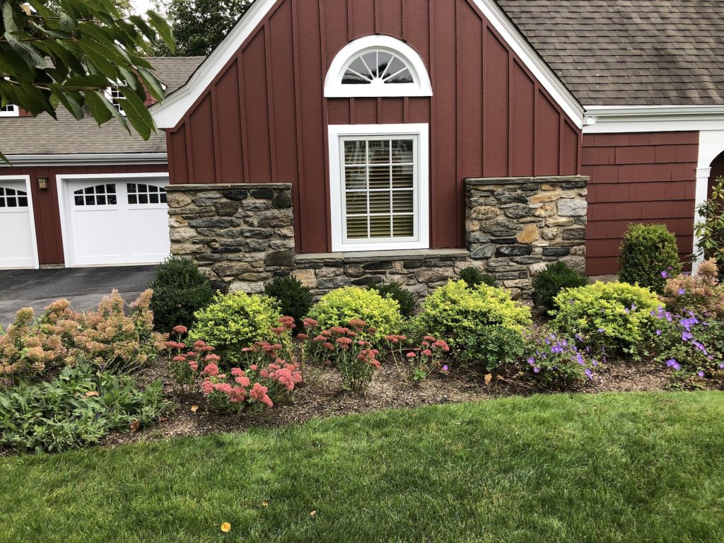 Landscape design with spirea, sedum and geranium roseanne